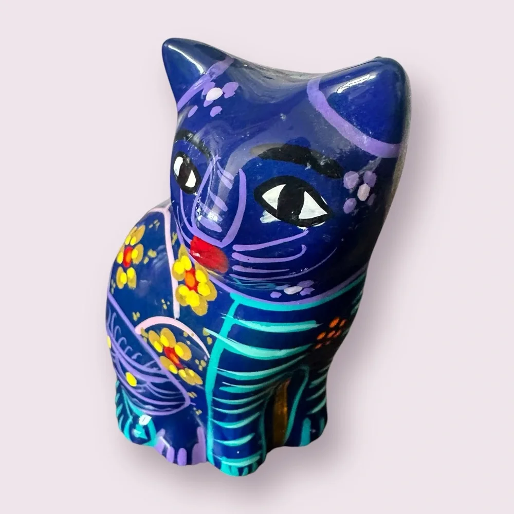 Vintage Hand Painted Ceramic Mexican Folk Art Talavera Cat Figurine With Flowers - Picture 3 of 13